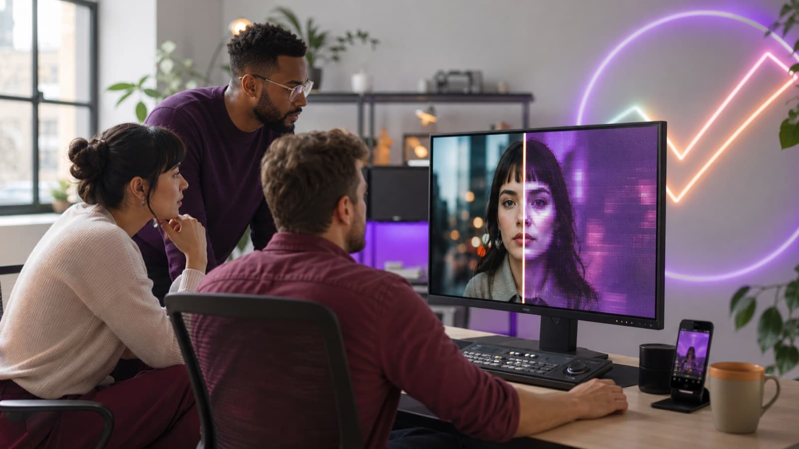 Equipo creativo comparando una grabación real con una versión de video alterada mediante inteligencia artificial