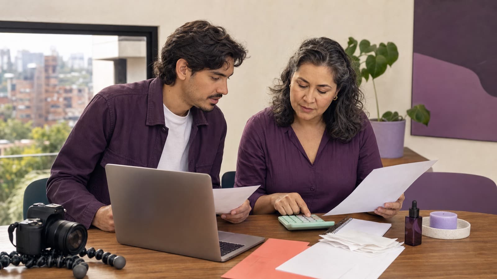 Creador colombiano y contadora revisan documentos y gastos de producción en un espacio de trabajo
