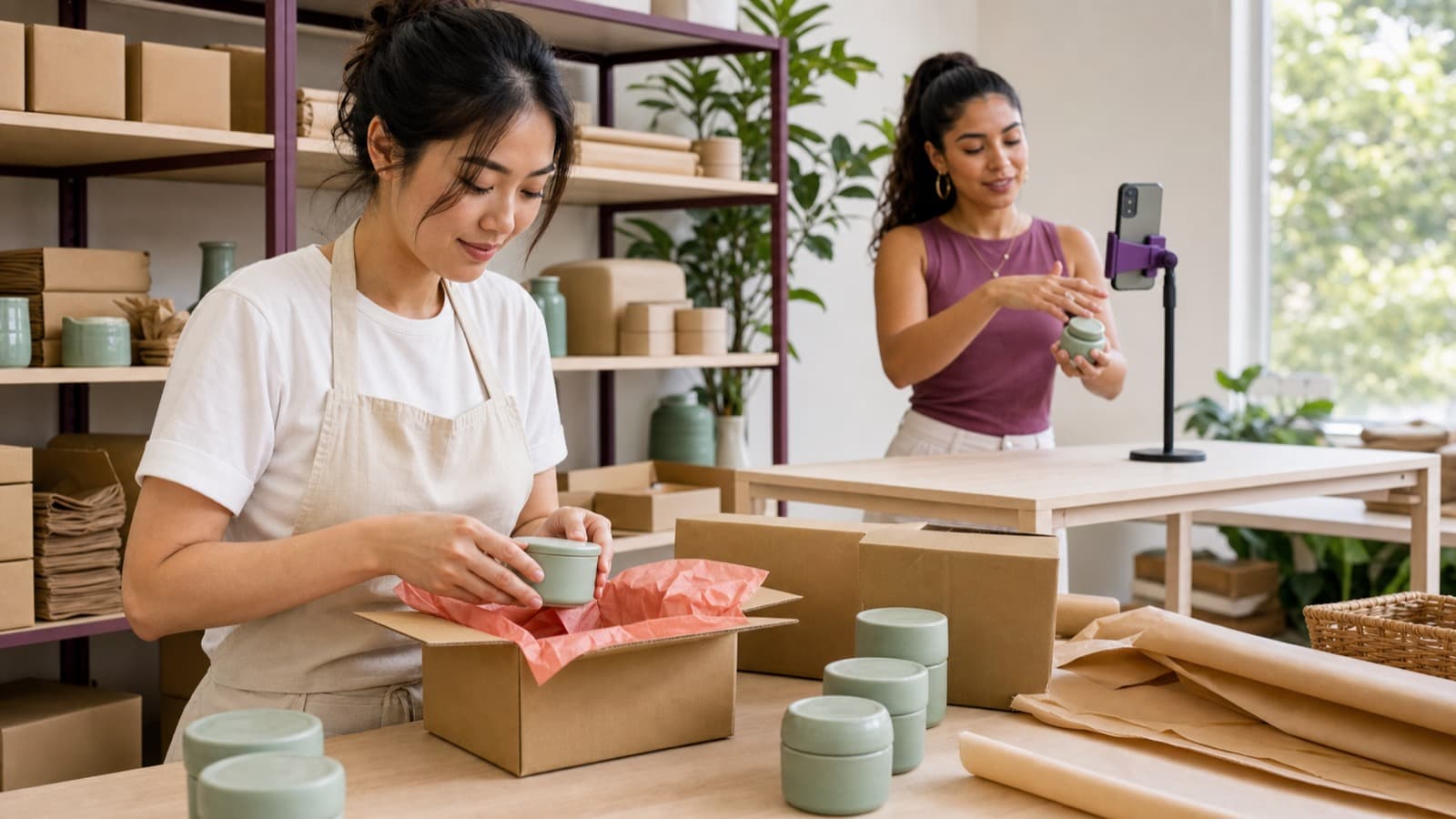 Emprendedora empaca productos mientras una creadora graba una demostración vertical.