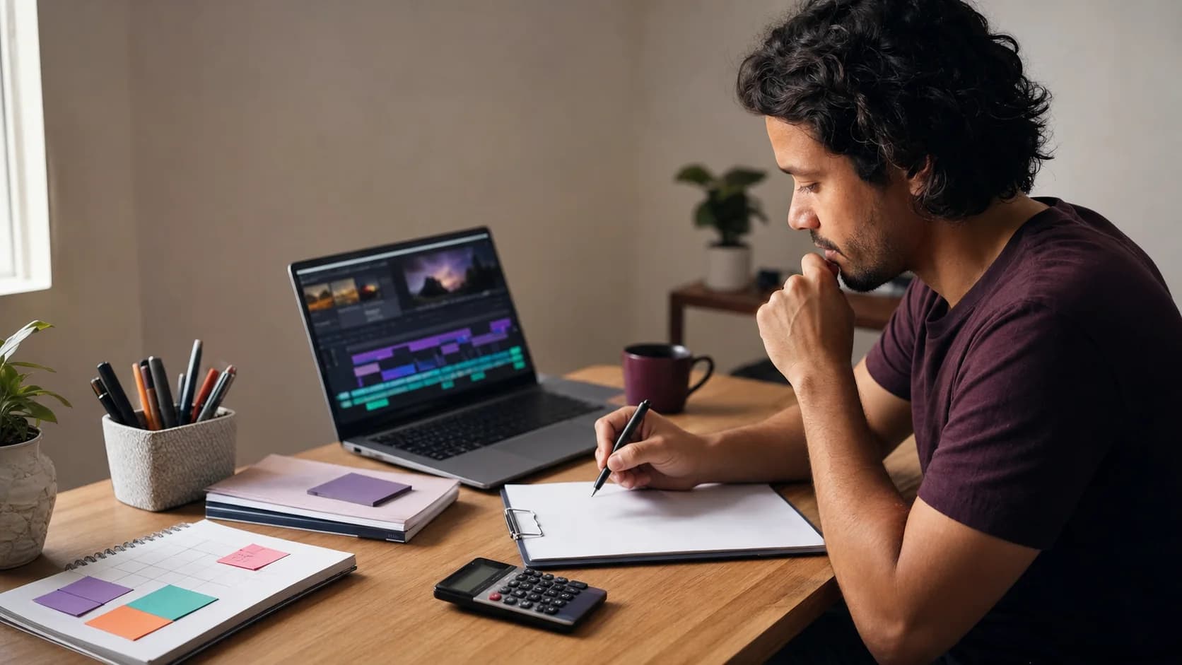 Editor de video revisando una línea de tiempo vertical y preparando una cotización por alcance