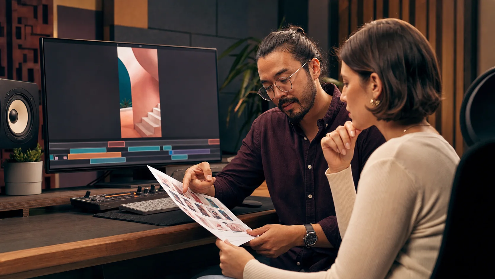Editor y clienta revisando juntos una pieza de video vertical